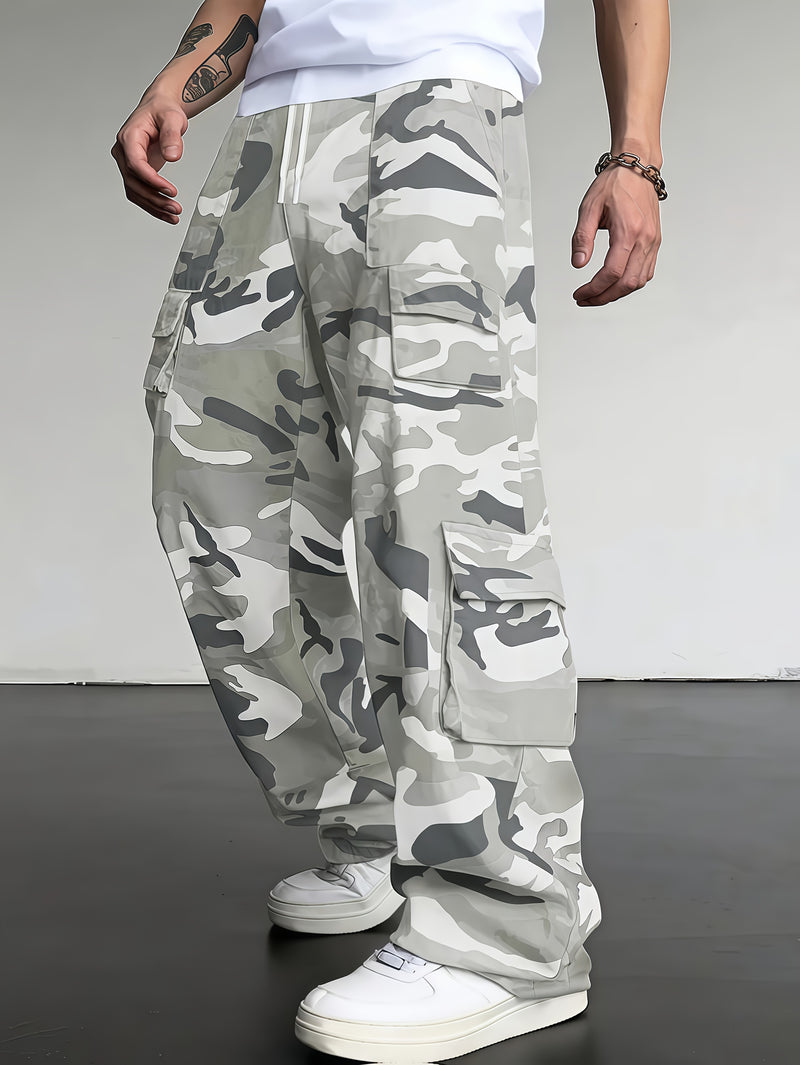 Men's Camouflage Cargo Pants Wide-Leg Trousers with Multi-Pocket Design, Adjustable Waist & Leg Fit, Beige/Green/Brown Camo Print for,, Hunting, (Non-Stretch Durable Casual Pants)